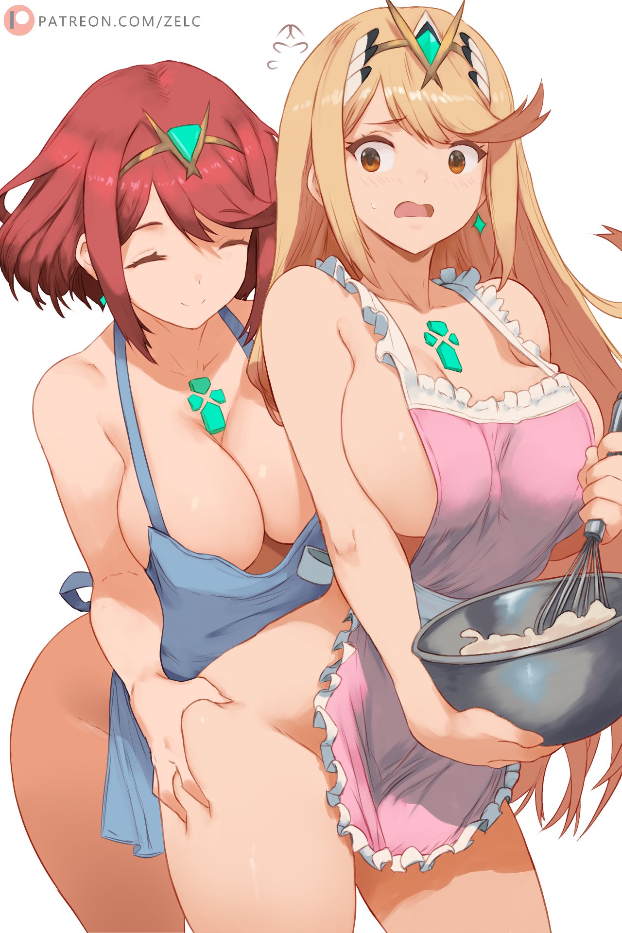 1girl 2_girls ^_^ alluring alternate_costume apron big_breasts blonde_hair blue_apron bowl brown_eyes cleavage closed_eyes closed_mouth core_crystal frilled_apron frills grabbing_another's_ass groping high_res holding holding_bowl long_hair multiple_girls mythra naked_apron nintendo patreon_logo patreon_username pink_apron pyra red_hair short_hair simple_background smile thighs white_background xenoblade_(series) xenoblade_chronicles_2 yuri zelc-face